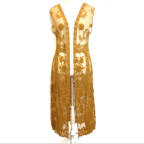one the land Tops - Embroidered Lace Kimono Mustard Sleeveless